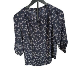 41 hawthorn womens navy blouse white flowers, 3/4 sleeve.  Size XS.  workwear